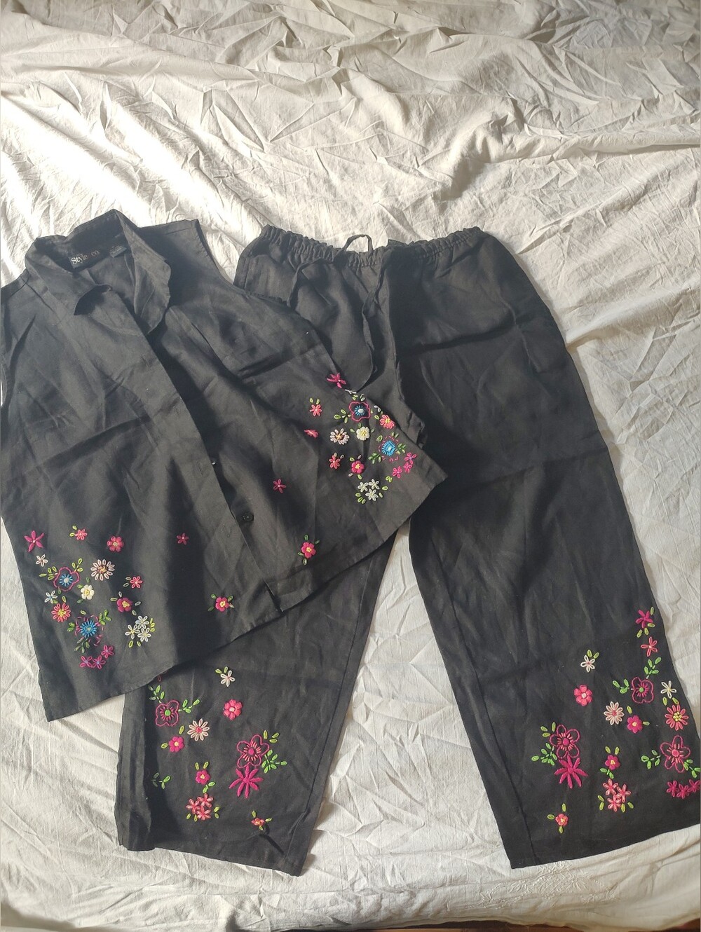 Style & Co. Black Wide-Leg Pants Floral Embroidery Set Shirt Top 100% Linen